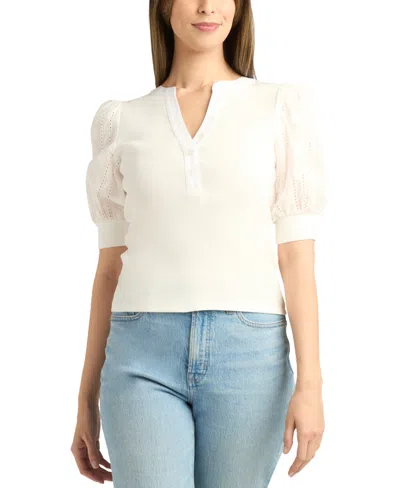 Bcx Juniors' Rib-knit Mix-media Eyelet-sleeve Top In Off White