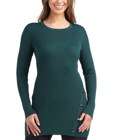 Bcx Juniors' Ribbed Button-front Crewneck Tunic Sweater In Hunter