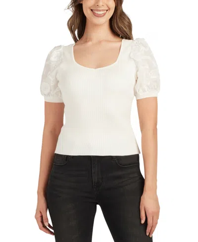 Bcx Juniors' Ribbed Embroidered-sleeve Sweater In Ivory