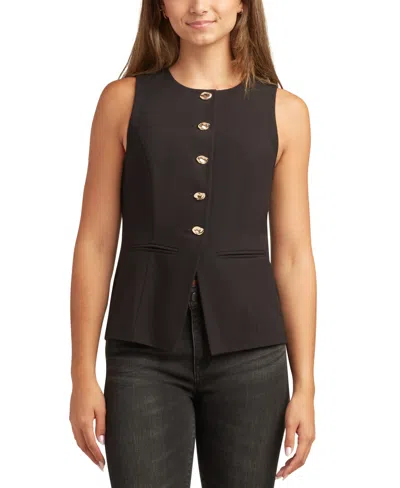 Bcx Juniors Round-neck Tropical Button-up Top In Black