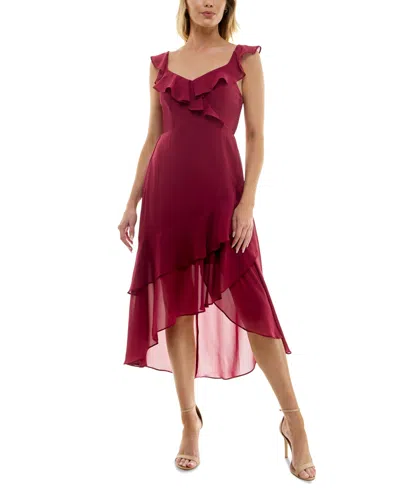 Bcx Juniors' Ruffle-neck Asymmetric-hem Chiffon Dress In Wine