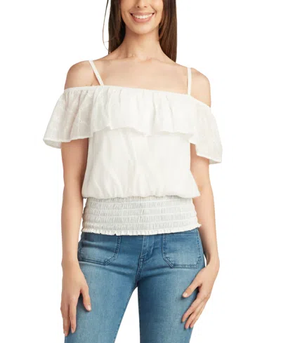 Bcx Juniors' Ruffled Off-the-shoulder Smocked-hem Top In Off White