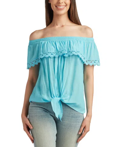 Bcx Juniors' Ruffled Off-the-shoulder Tie-waist Top In Aqua