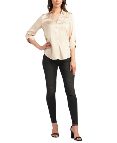 Bcx Juniors' Satin Roll-tab-sleeve Button-down Blouse In Champagne