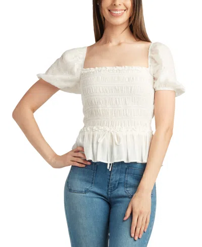 Bcx Juniors' Smocked Puff-sleeve Square-neck Top In Off White