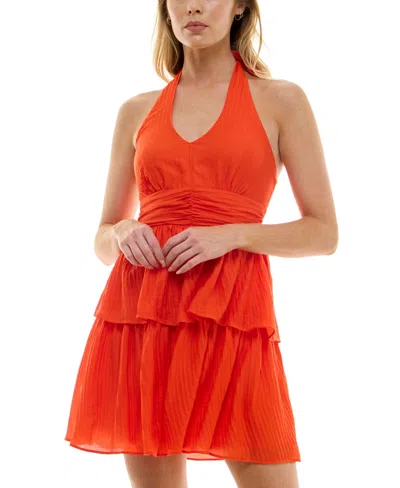 Bcx Juniors' Solid Crinkle Woven Halter Fit & Flare Dress In Orange