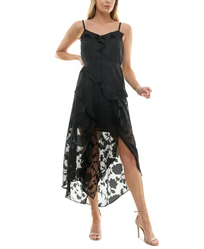 Bcx Juniors' Solid Floral Jacquard Long Fit & Flare Dress In Black