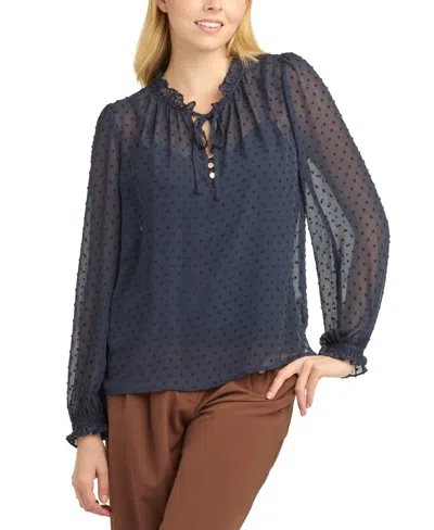 Bcx Juniors' Split Crewneck Ruffle Long-sleeve Blouse In Blue