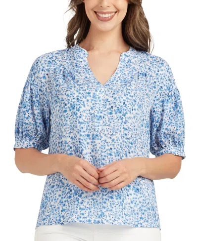 Bcx Juniors' Split-neck Ditsy-print Puffed-sleeve Top In Blue Print