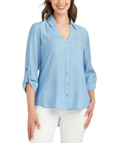 Bcx Juniors' Split-neck Roll-tab High-low Shirt In Blue