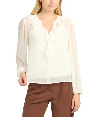 Bcx Juniors' Split V-neck Ruffle Long-sleeve Blouse In White