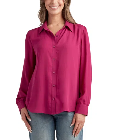 Bcx Juniors' Spread-collar Long-sleeve Button-front Top In Raspberry