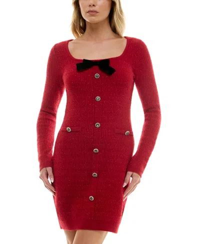 Bcx Juniors' Square-neck Bow Long-sleeve Sweater Dress In Red