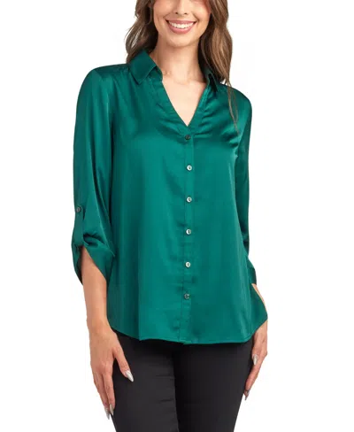 Bcx Juniors Stretch Satin Button-up 3/4-sleeve Top In Green