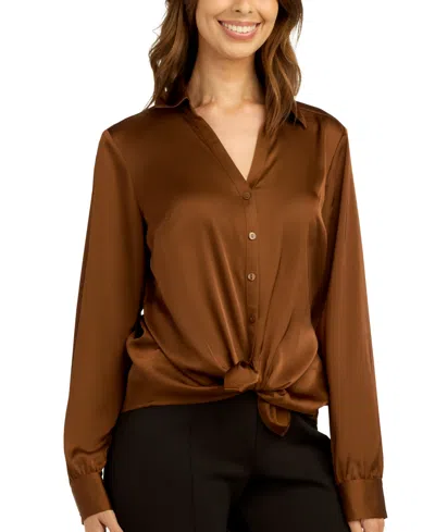 Bcx Juniors' Stretch Satin Button-up Shirt In Cinnamon