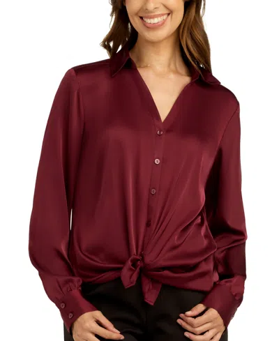 Bcx Juniors' Stretch Satin Button-up Shirt In Merlot