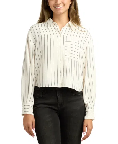 Bcx Juniors Stripe Long-sleeve Button-front Top In White