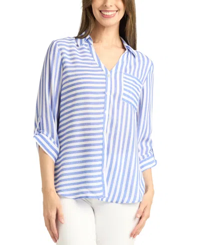 Bcx Juniors' Striped Button-front 3/4-sleeve Shirt In Blue Pat F