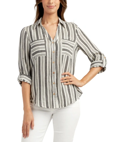 Bcx Juniors' Striped Button Front Cotton Shirt In Black