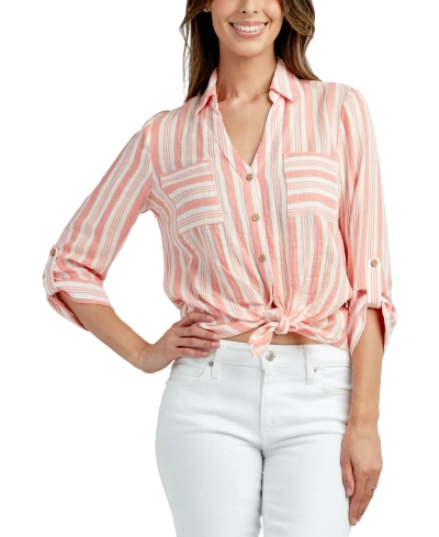 Bcx Juniors' Striped Button Front Cotton Shirt In Coral