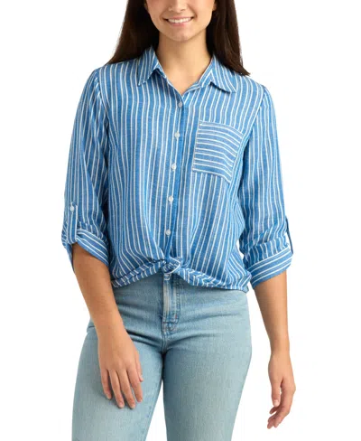 Bcx Juniors' Striped Collared Button-up Shirt In Blue