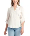 BCX JUNIORS' STRIPED COLLARED ROLL-TAB-SLEEVE SHIRT