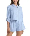 Bcx Juniors' Striped Crop Collared Shirt In Blue