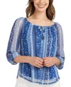 Bcx Juniors' Striped-print Tie-neck Mesh Top In Blue Print