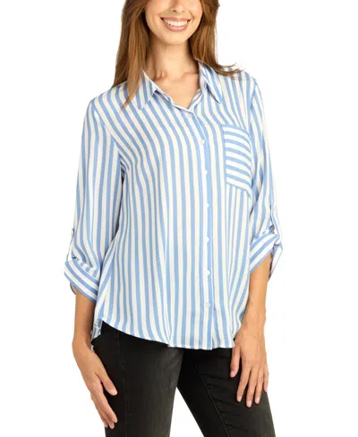 Bcx Juniors' Striped Roll-tab Long-sleeve Button-up Top In Sky Blue Stripe