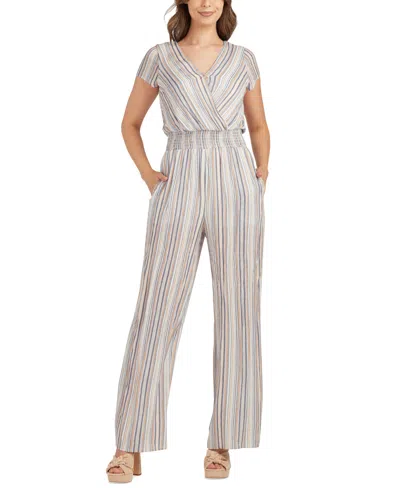 Bcx Juniors' Striped Surplice-neck Short-sleeve Jumpsuit In Blue Stripe