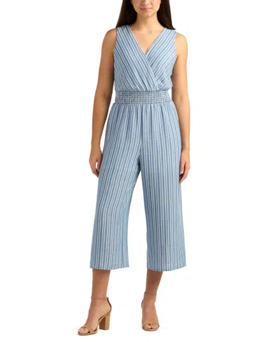 Bcx Juniors' Striped Surplice Sleeveless Smocked Jumpsuit In Blue