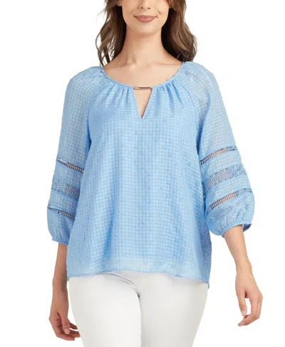 Bcx Juniors' Swiss-dot 3/4-sleeve Crocheted-trim Top In Blue