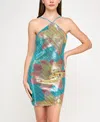 Bcx Juniors' T-neck Lily Placement Sequin Bodycon Dress In Turquoise Multi