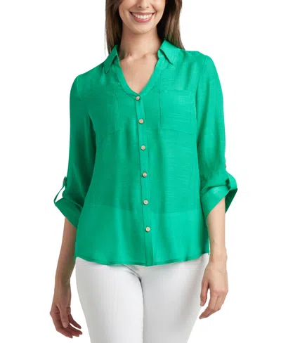 Bcx Juniors' Textured Roll-sleeve Button-front Top In Green