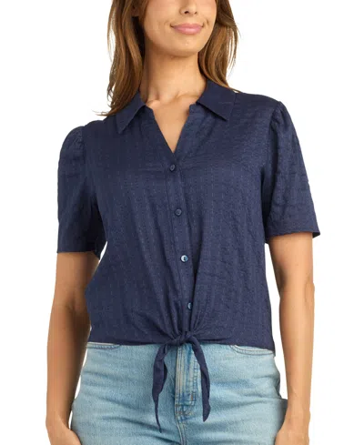 Bcx Juniors' Tie-front Dobby-stripe Short-sleeve Top In Navy