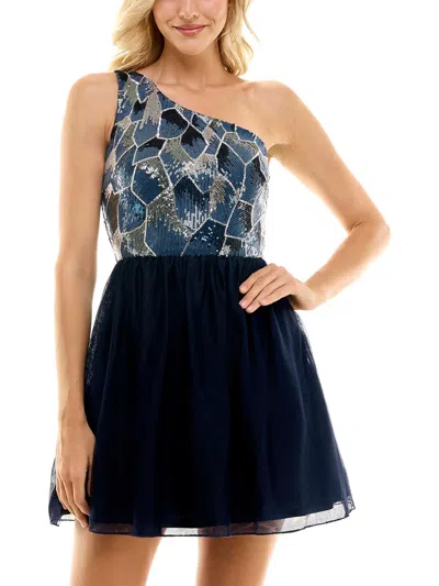 Bcx Juniors Womens Mixed Media Sequined Fit & Flare Dress In Blue