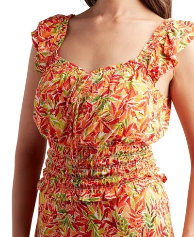 Bcx Top Women's Juniors Orange Smocked Waist Ruffled Cuffs Sleeveless Pall358 In Multi