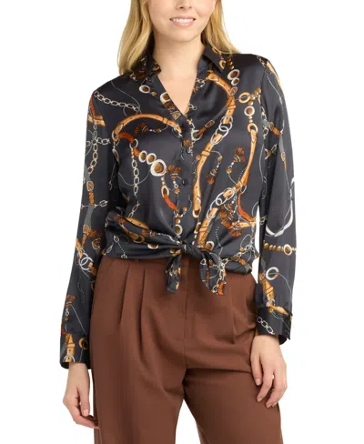 Bcx Women's Collared Printed Satin Top In Gray