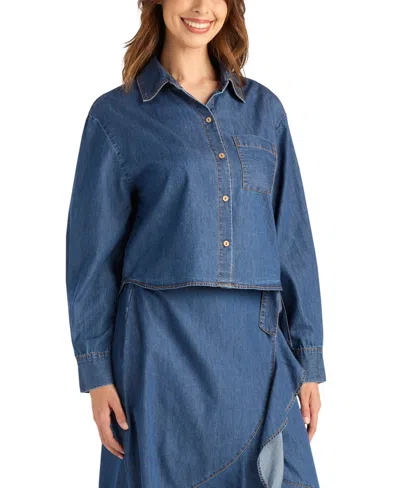 Bcx Women's Denim Long-sleeve Collared Crop Top In Multi