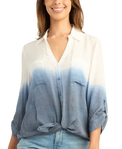 Bcx Women's Dip Dye Gauzy Texture Tie-front 3/4-sleeve Blouse In Navy
