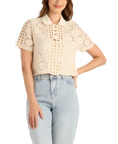 Bcx Women's Embroidered Crochet Collared Sweater In Multi