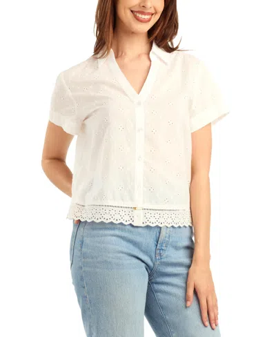 Bcx Women's Mini Floral Eyelet Collared Top In White