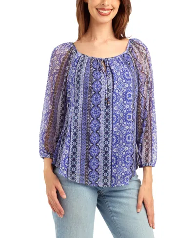 Bcx Women's Print Mesh Scoop Neck Peasant Top In Blue