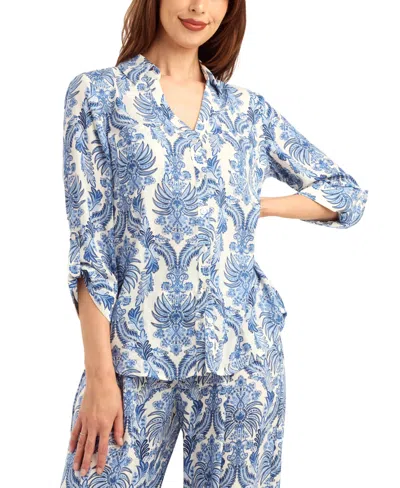 Bcx Women's Printed Button-up Tie-hem Top In Blue