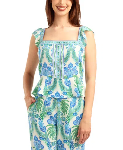 Bcx Women's Printed Flutter-sleeve Square Neck Top In Blue