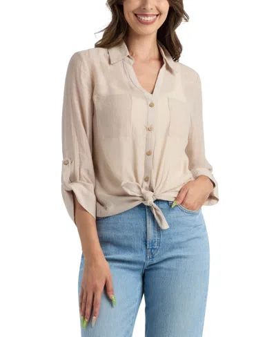 Bcx Women's Resort Gauzy Texture Collared Button Up Shirt In Neutral