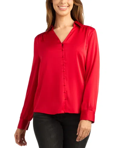 Bcx Women's Stretch-satin Long-sleeve Button-front Blouse In Red