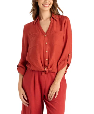 Bcx Women's Texture Gauze Collared Button-front Top In Brown