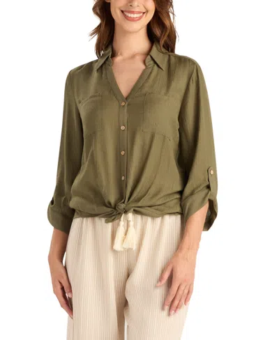 Bcx Women's Texture Gauze Collared Button-front Top In Green