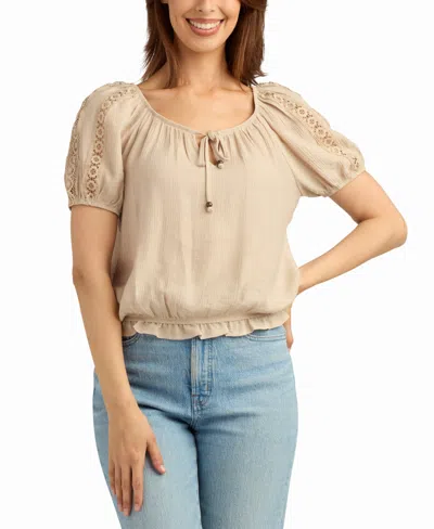 Bcx Women's Texture Gauze Peasant Scoop Neck Top In Neutral